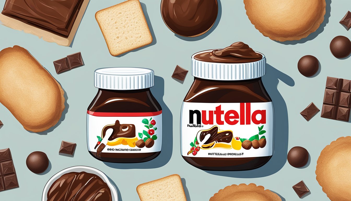 A jar of Nutella sits on a kitchen counter, surrounded by scattered bread slices and a spoon covered in chocolate spread