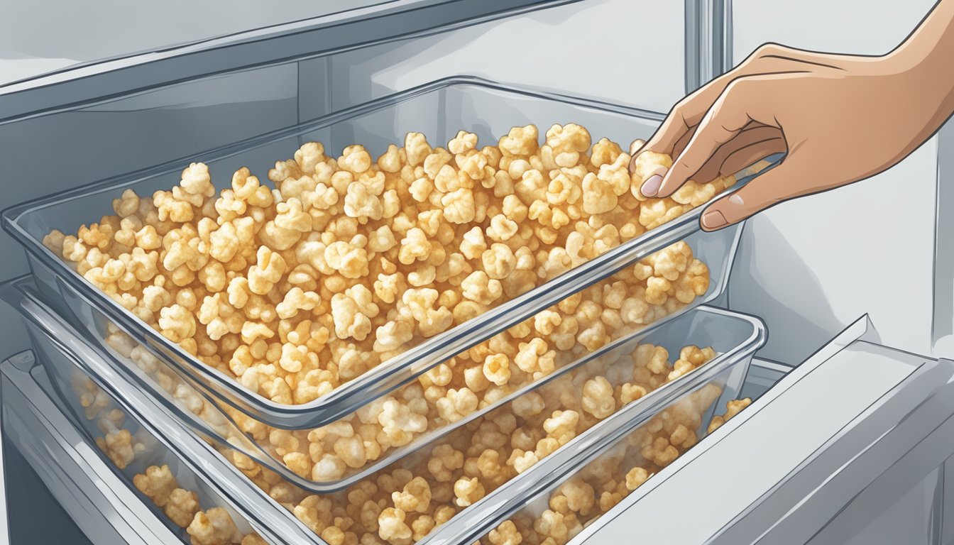 A hand reaching into a freezer, placing a container of homemade popcorn chicken inside