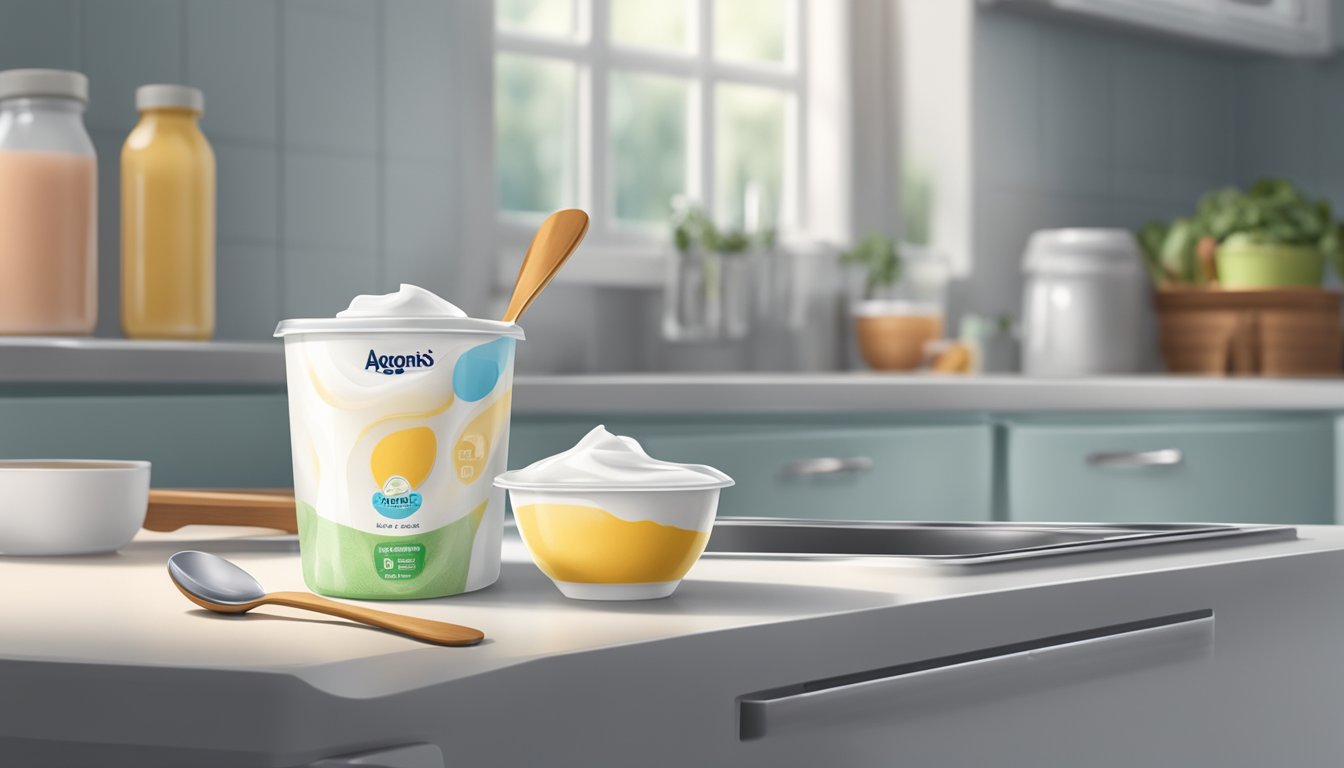 A container of yogurt sits on a kitchen counter next to a refrigerator. The lid is partially open, and a spoon rests on the side