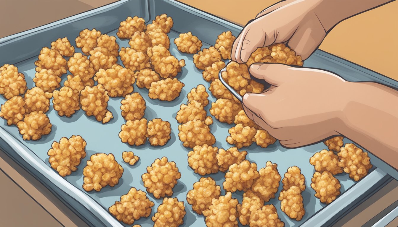 A hand placing homemade popcorn chicken onto a baking sheet, then placing it in the freezer