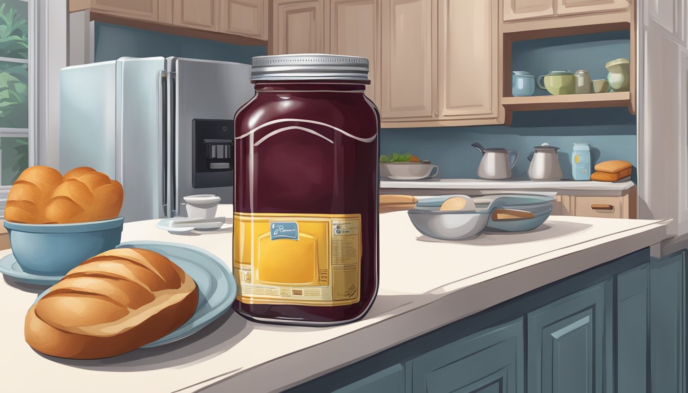 A jar of jam sits on a kitchen counter next to a loaf of bread and a spreader. The refrigerator door is open, with a question mark hovering above it