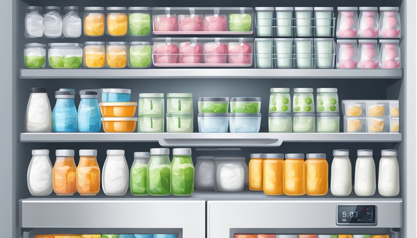 A refrigerator with various containers of yogurt, neatly organized on the shelves, with a thermometer visible to indicate the ideal temperature for storage