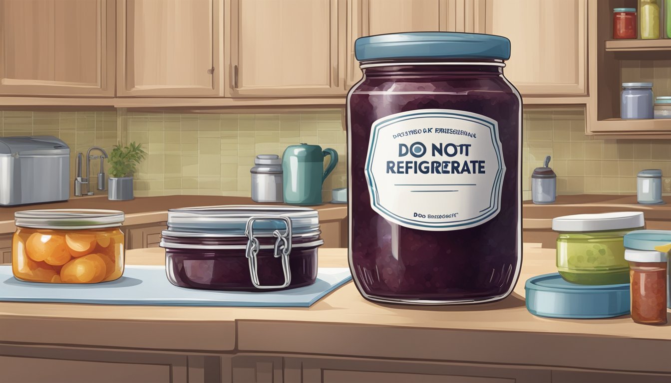 A jar of jam sits on a kitchen counter next to a refrigerator with a label indicating "Do not refrigerate before opening."