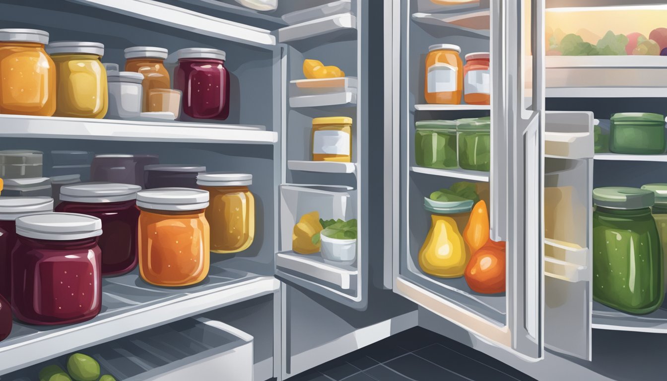 A jar of jam sits inside a refrigerator next to other condiments and produce. The fridge door is slightly ajar, with a soft light spilling out