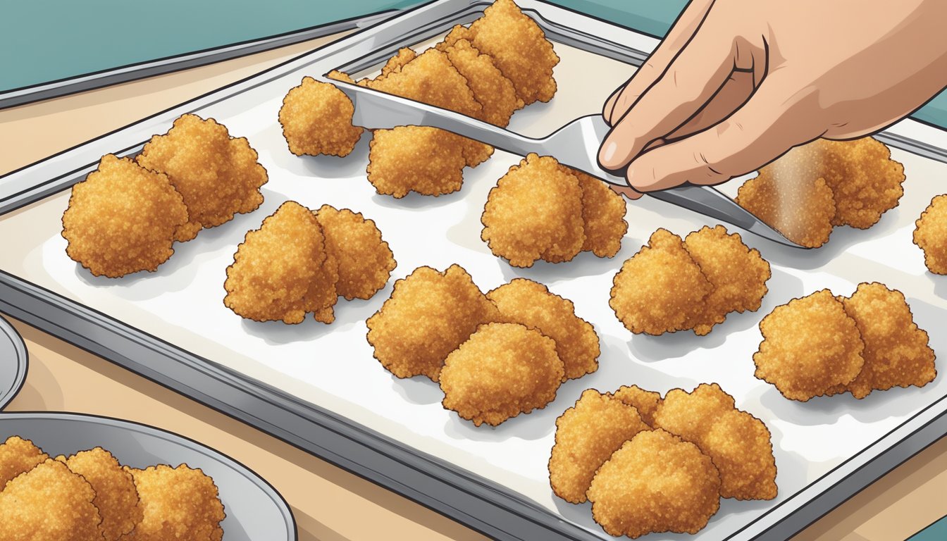 A hand-dipped popcorn chicken piece being coated in breadcrumbs before being placed on a baking sheet alongside other pieces