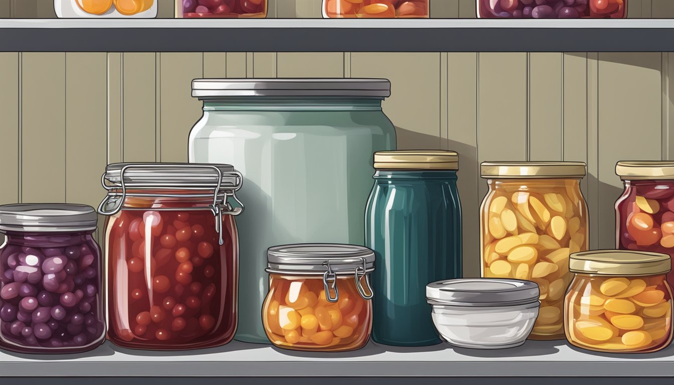 A jar of jam sits on a shelf next to a pantry of canned goods, with a refrigerator in the background