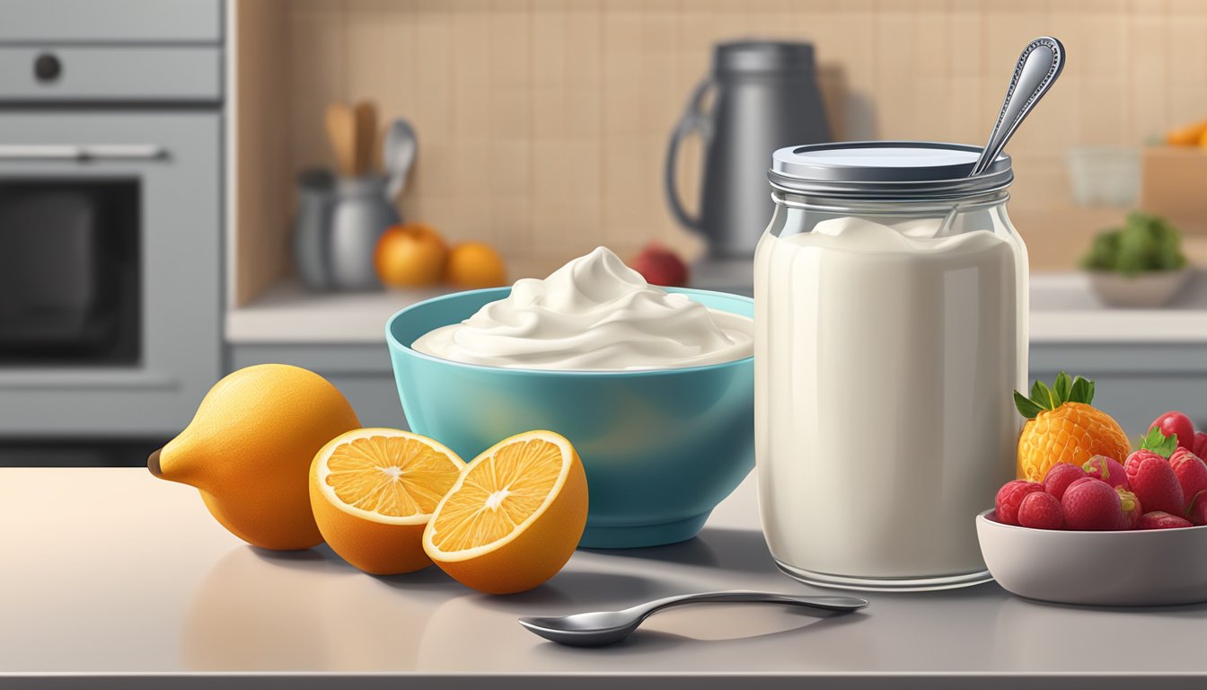 A jar of yogurt sits on a kitchen counter next to a bowl of fruit and a spoon