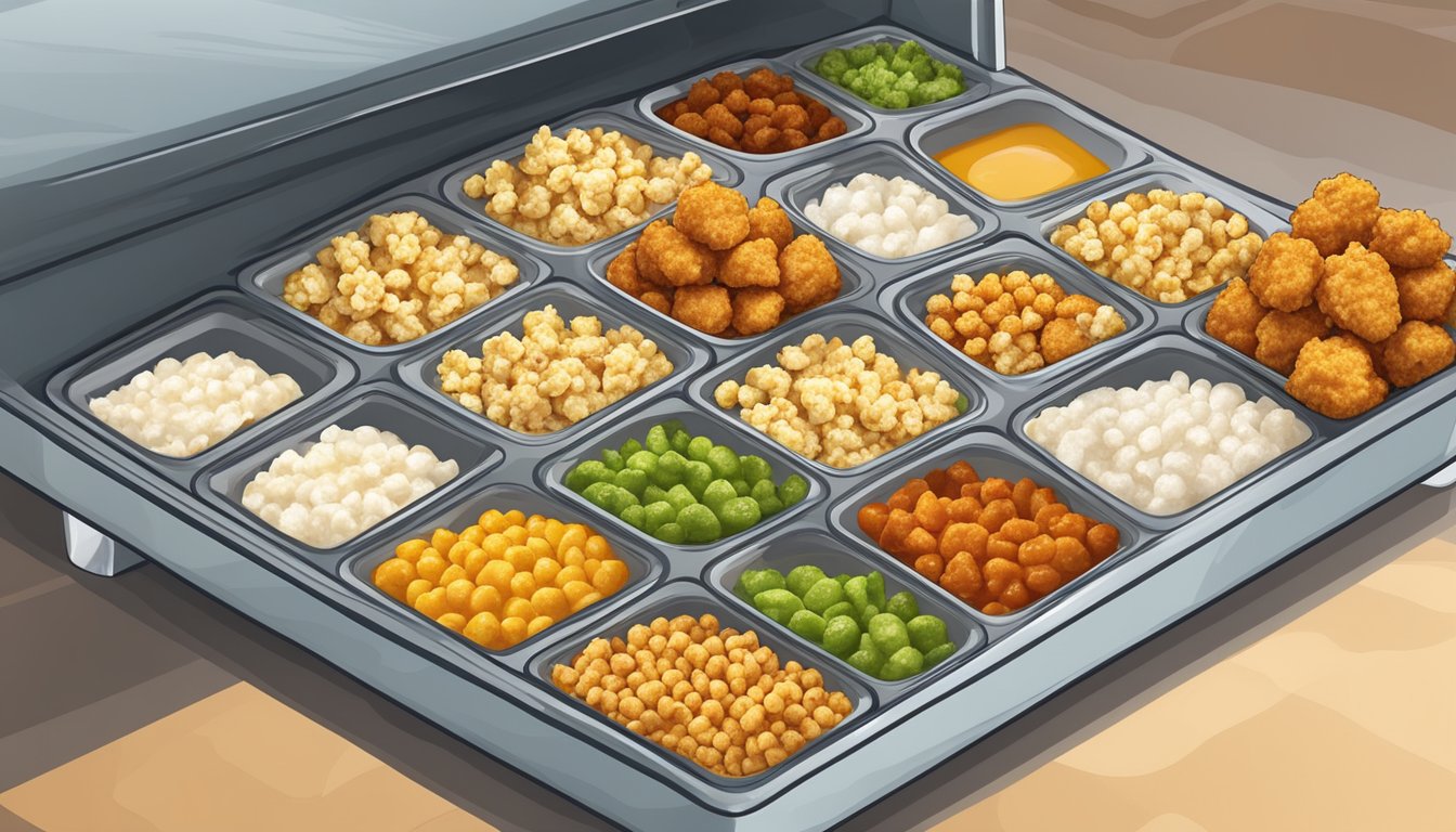 A tray of homemade popcorn chicken arranged with various dipping sauces, surrounded by ice cubes in a freezer