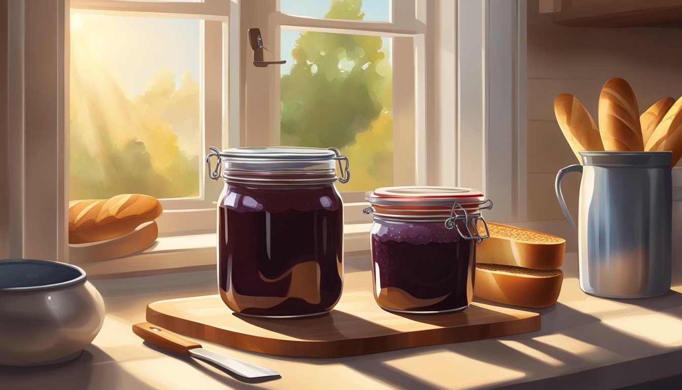 A jar of jam sits on a kitchen counter next to a loaf of bread and a spreader. The sunlight streams in through a window, casting a warm glow over the scene