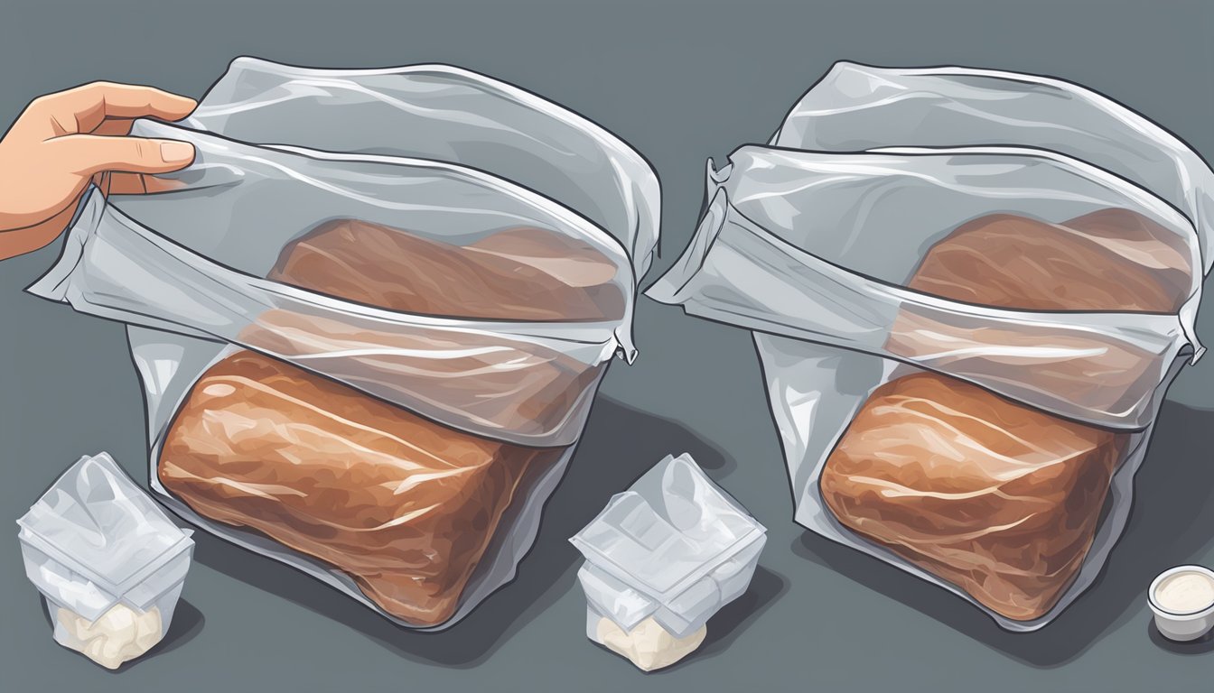 A cooked brisket being carefully wrapped in plastic wrap and then placed into a labeled freezer bag before being sealed and placed in the freezer