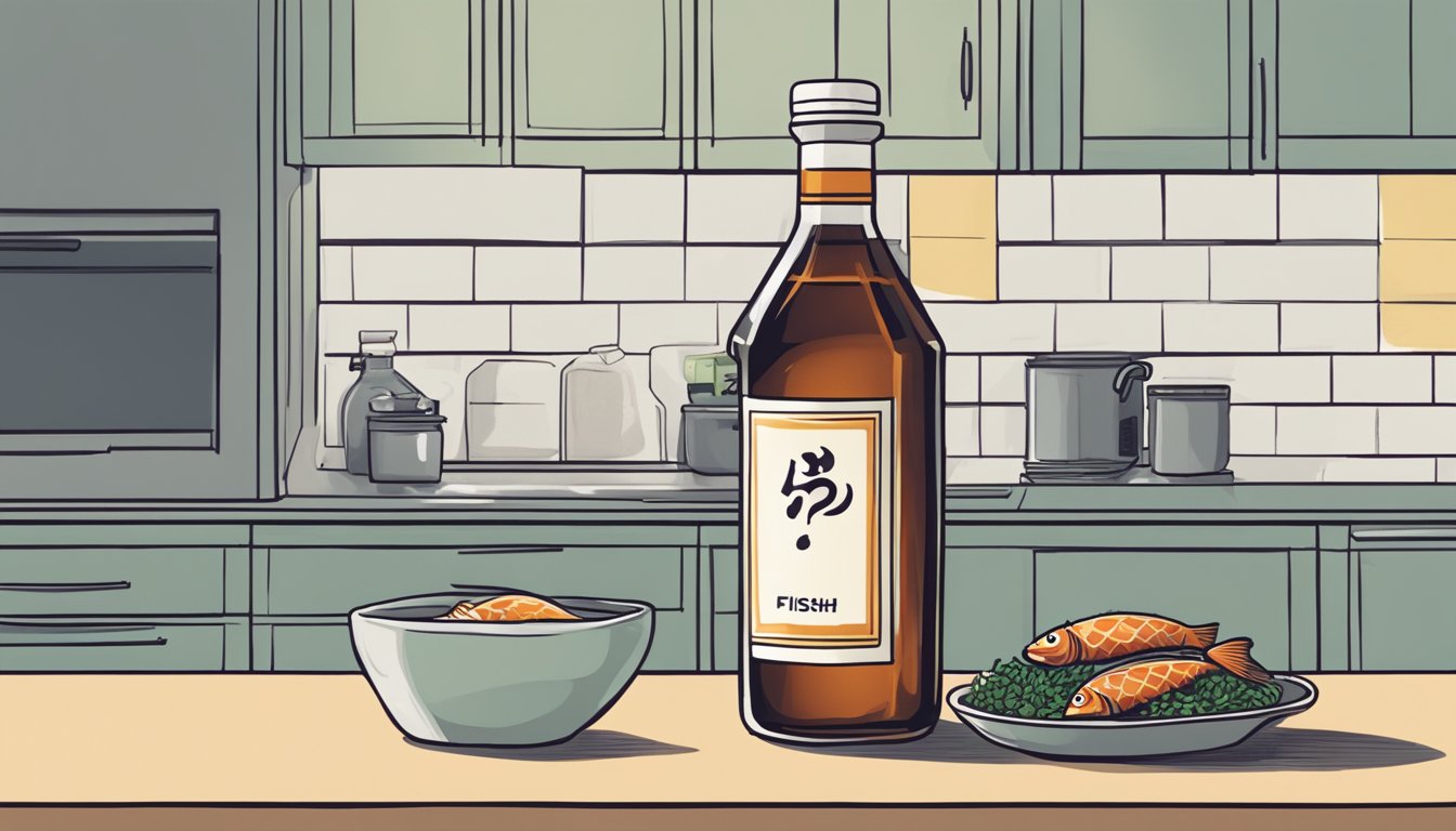 A bottle of fish sauce sits on a kitchen counter, unrefrigerated. A question mark hovers above it, as if pondering its fate