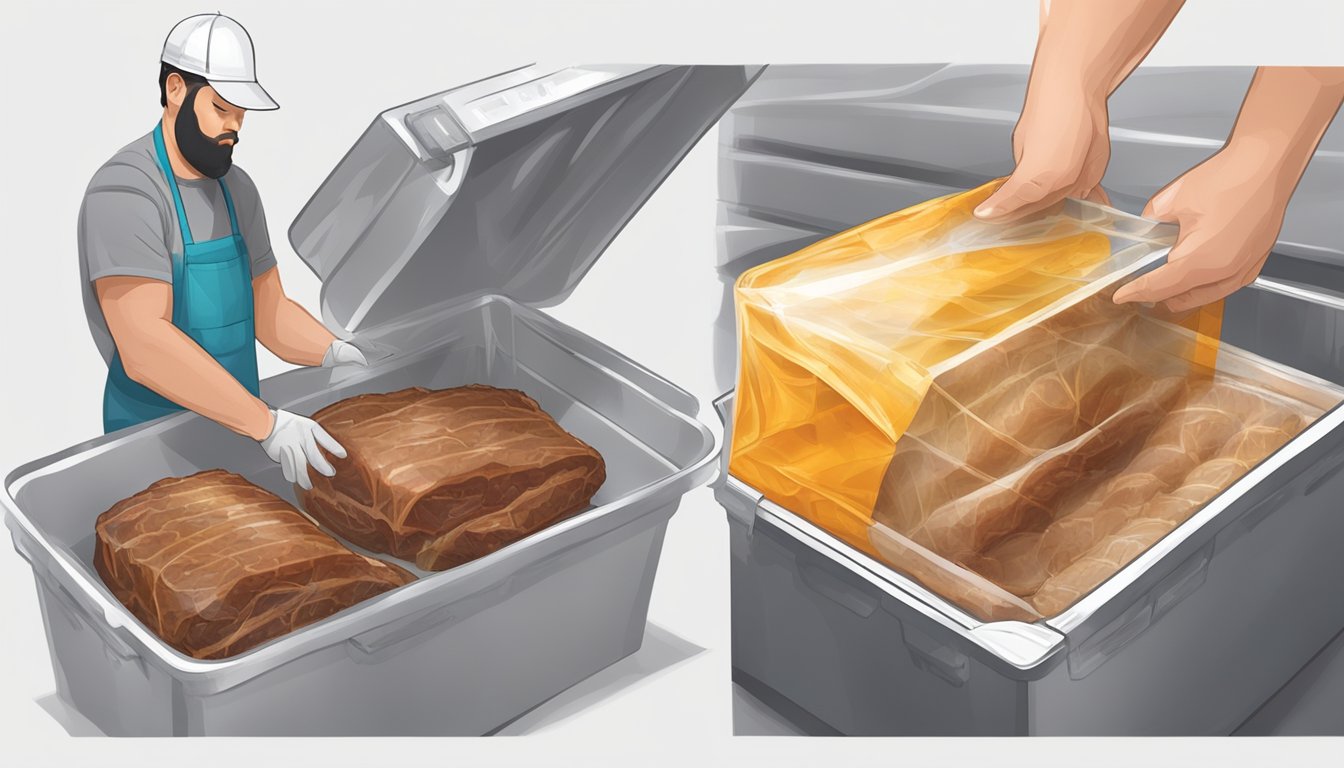 A person wrapping cooked brisket in plastic wrap and then placing it into a freezer-safe container