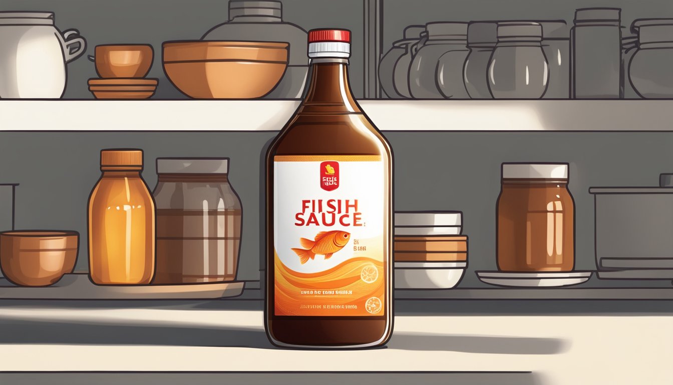 A bottle of fish sauce sits on a kitchen shelf, away from direct sunlight and heat sources