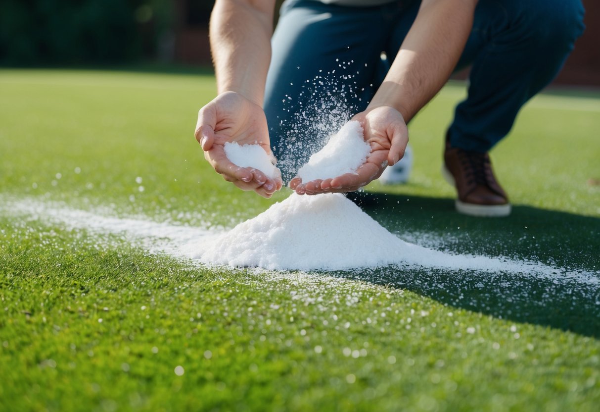 A person sprinkles baking soda on a patch of smelly turf