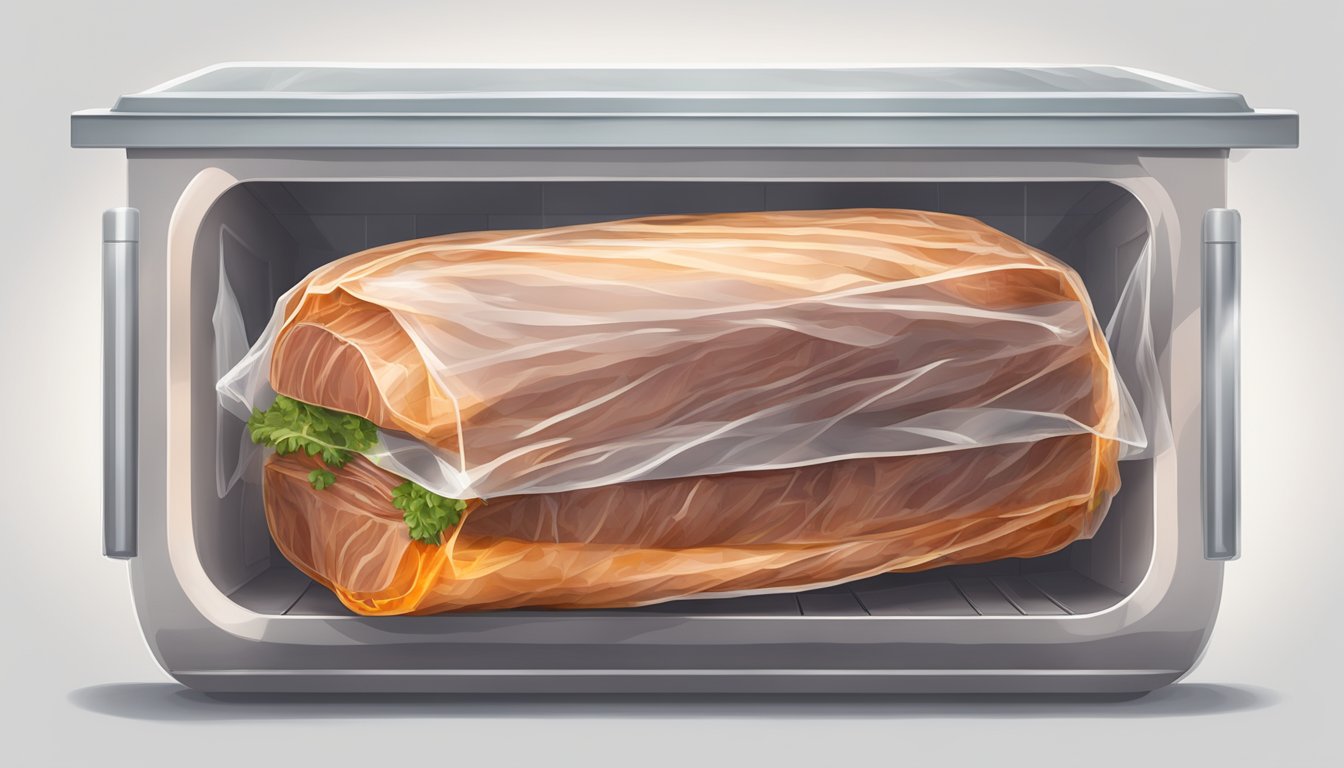 A cooked brisket being carefully wrapped in plastic wrap and placed in a freezer