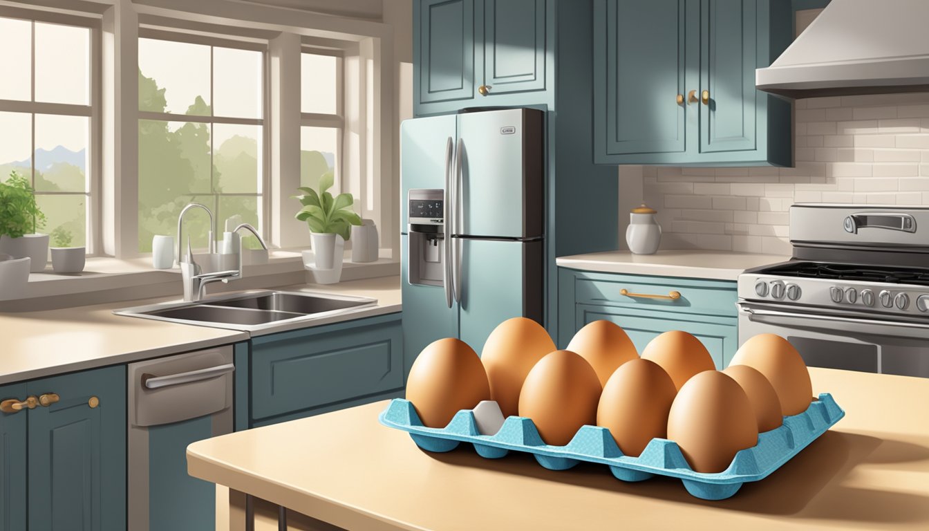 A carton of eggs sitting on a kitchen counter, with a refrigerator in the background