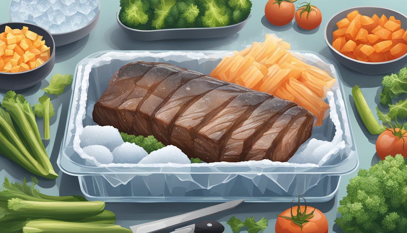 A cooked brisket wrapped in plastic, placed in a freezer, surrounded by frozen vegetables and ice crystals