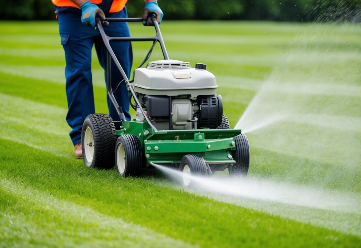 A landscaper aerates and applies deodorizing treatment to a green lawn