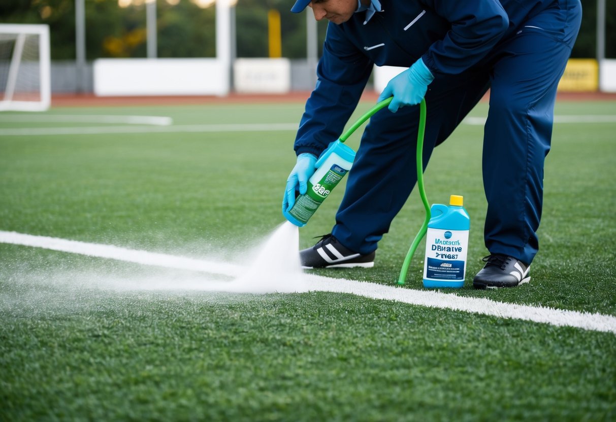 A soccer field with odor neutralizing products being applied to the turf to eliminate the smell
