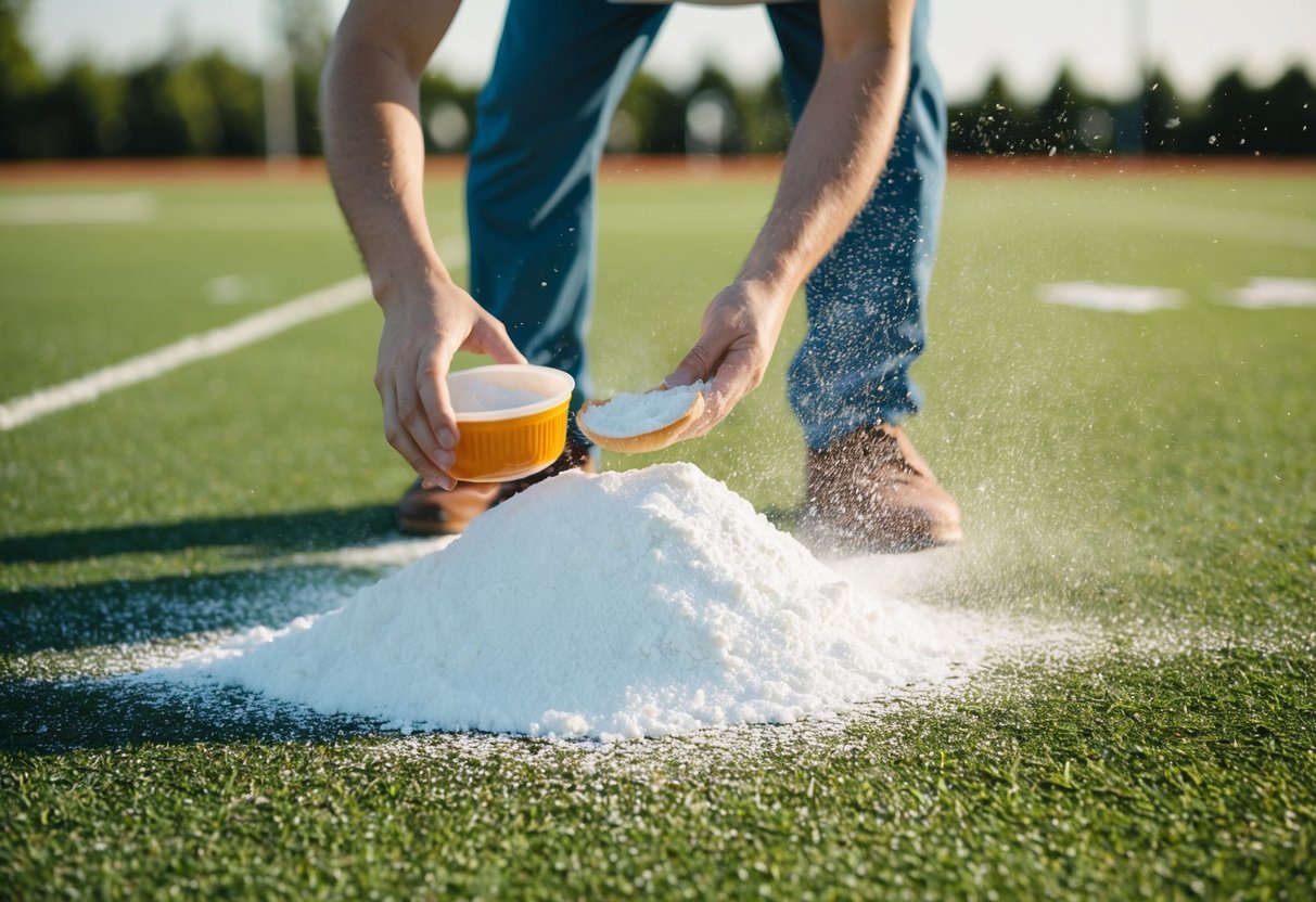 A person spreading baking soda on smelly turf