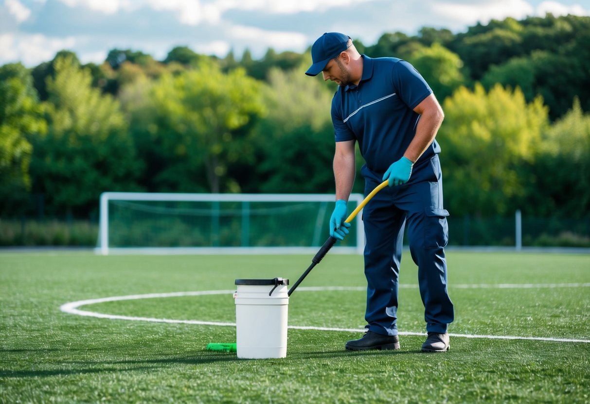 A landscape with a soccer field surrounded by greenery and trees, with a focus on a maintenance worker applying odor-reducing treatment to the turf
