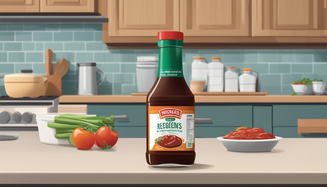 A bottle of BBQ sauce sits on a kitchen counter next to an open refrigerator. The label on the bottle indicates the sauce does not require refrigeration