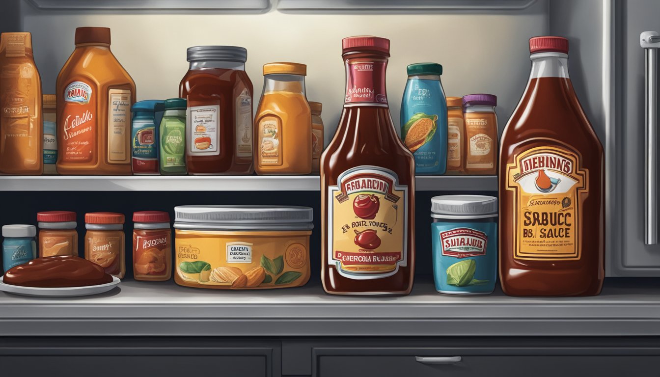 A bottle of BBQ sauce sits on a refrigerator shelf next to other condiments and ingredients. The door is slightly ajar, with a cool, dimly lit interior