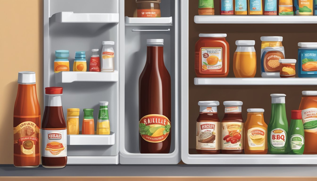 A bottle of BBQ sauce sits on a kitchen counter next to various condiments. A refrigerator door is open, revealing shelves of food