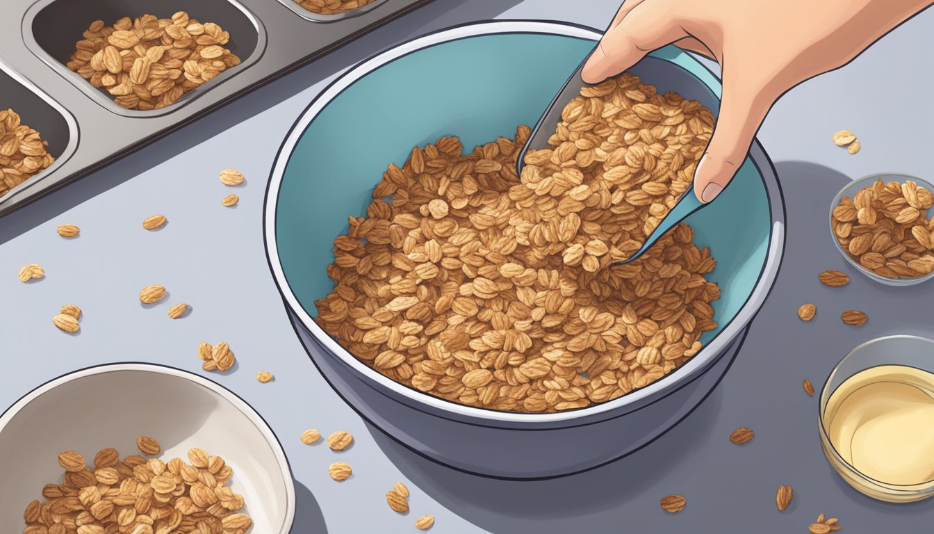 Homemade granola pouring from a mixing bowl onto a baking sheet, ready to be frozen for crunchy toppings