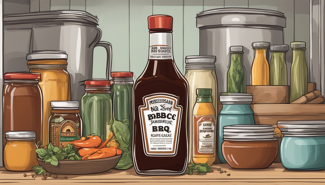 A bottle of BBQ sauce sits on a kitchen shelf, surrounded by various condiments and spices. The label on the bottle indicates "no refrigeration required."