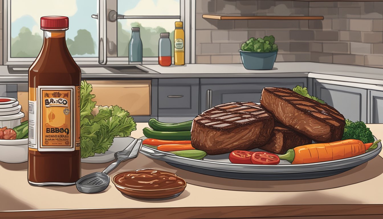 A bottle of BBQ sauce sits on a kitchen counter next to a plate of grilled meat and vegetables. The refrigerator door is open, with other condiments inside