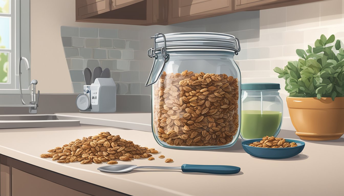 A glass jar filled with homemade granola sits on a kitchen counter, next to a freezer. The granola is being spooned into small bags for freezing