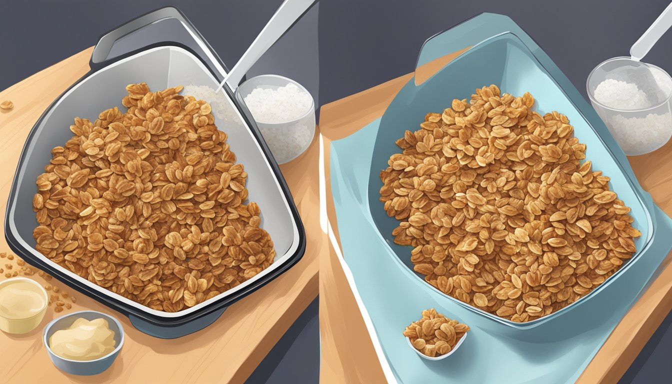 Homemade granola poured onto a baking sheet, then placed in the freezer. Later, the frozen granola is broken into crunchy chunks