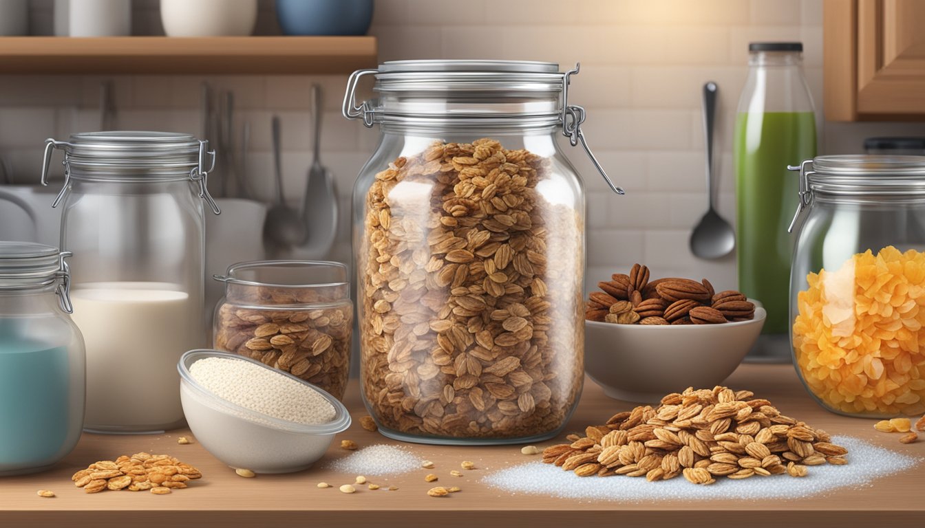 A glass jar filled with homemade granola sits on a kitchen counter, surrounded by various frozen ingredients and a freezer bag