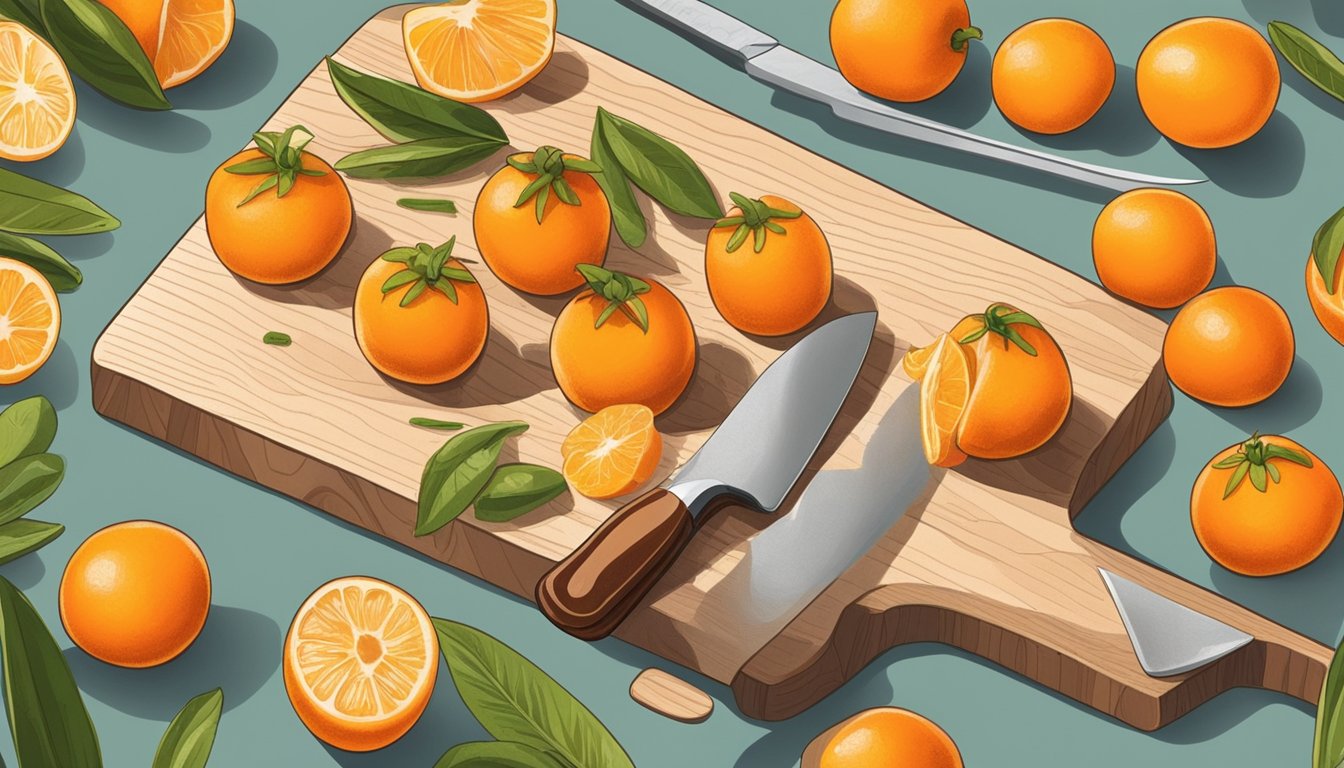 Fresh kumquats arranged on a cutting board, a knife slicing through one, a freezer bag nearby, and a hand placing the sliced fruit inside