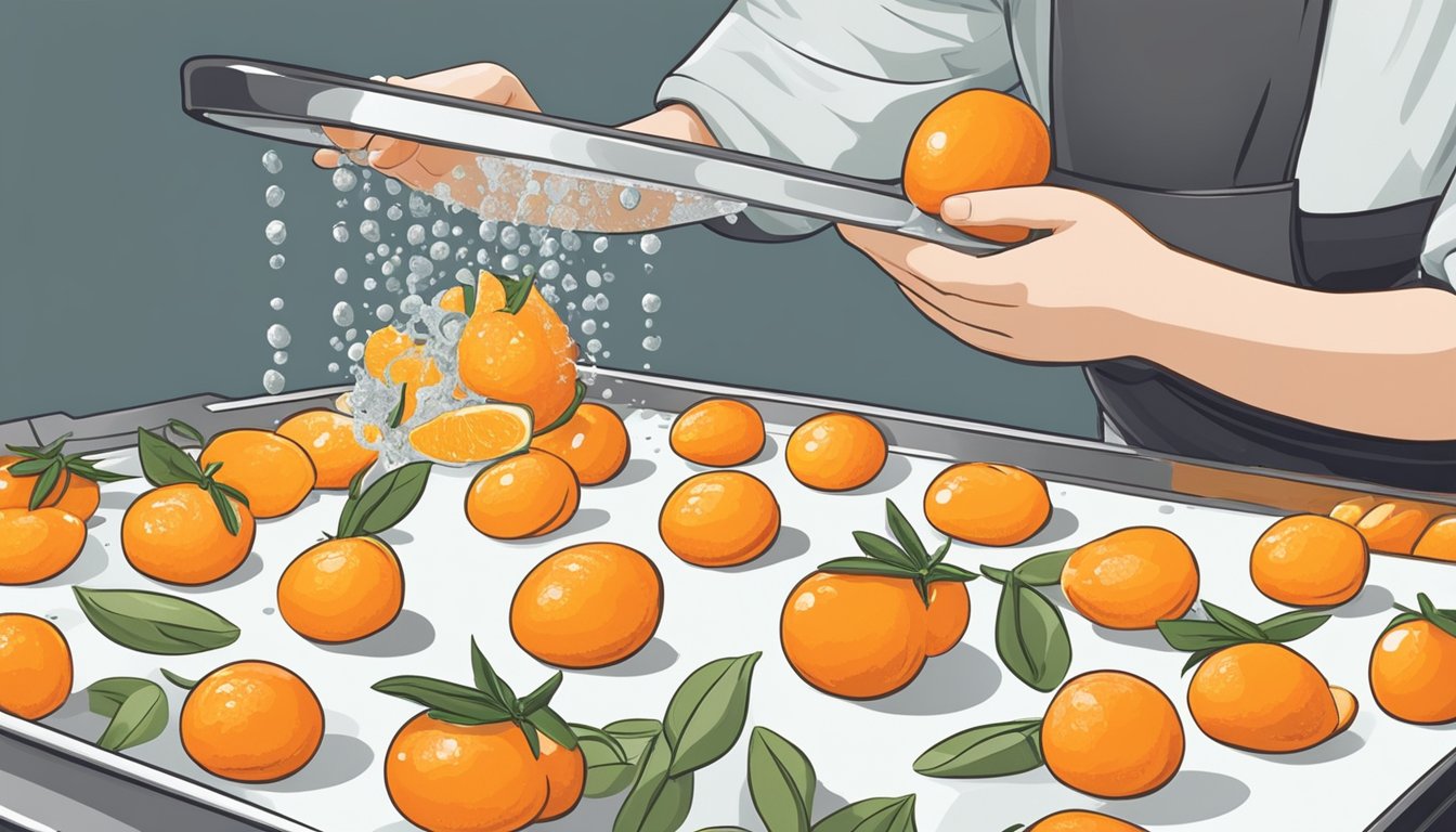 Fresh kumquats being washed, sliced, and arranged on a baking sheet for freezing