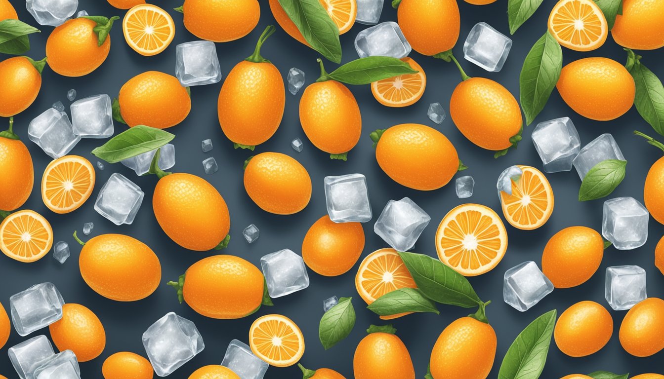 Fresh kumquats arranged on a tray, surrounded by ice cubes in a freezer