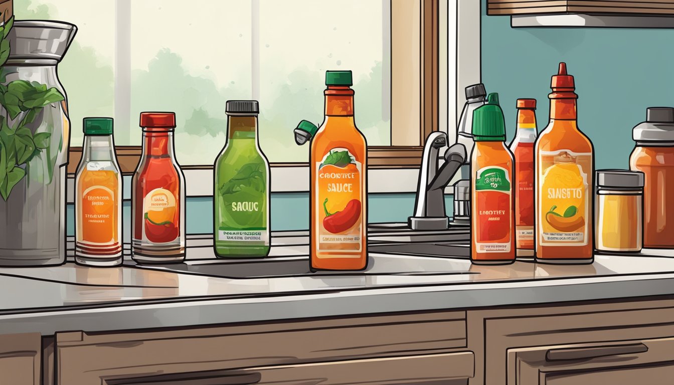 A variety of hot sauce bottles on a kitchen counter, some with condensation, next to a refrigerator with an open door