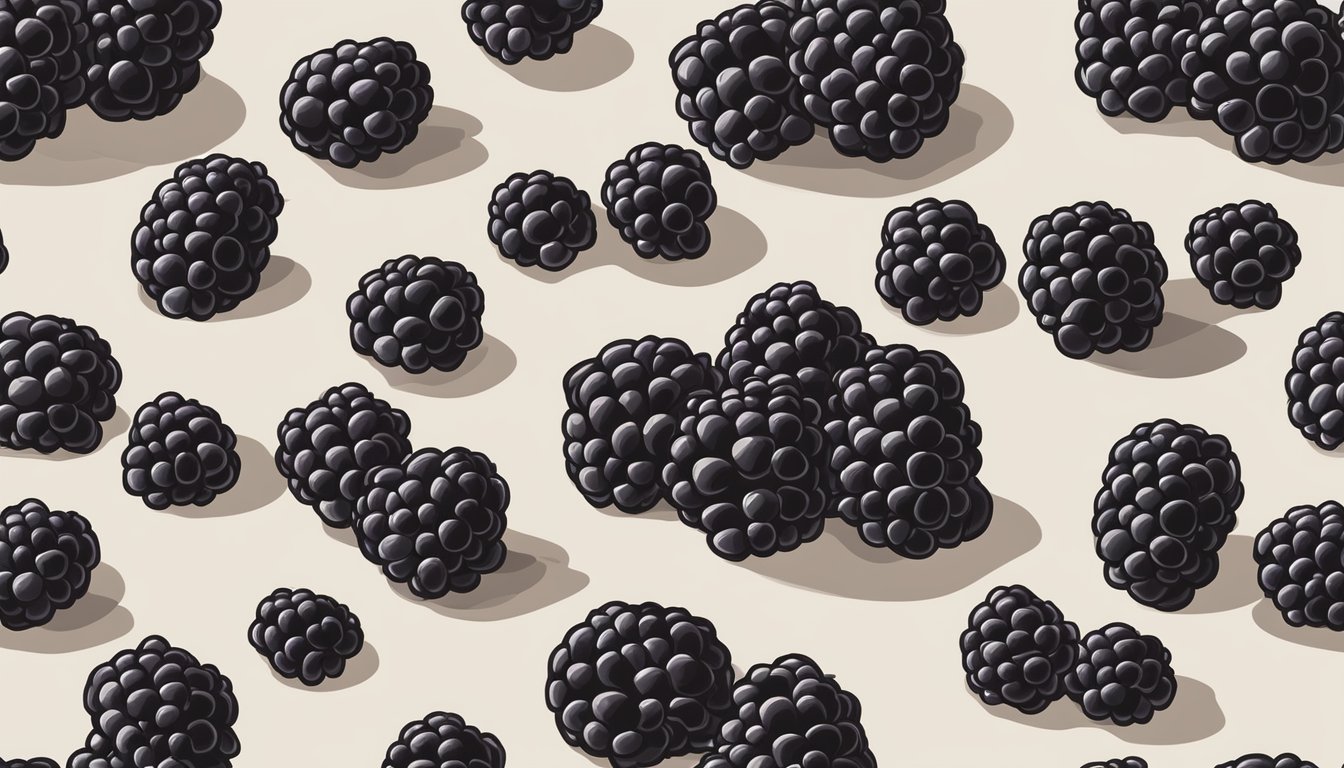 Fresh blackberries being placed on a baking sheet lined with parchment paper, then frozen blackberries being transferred to a resealable plastic bag