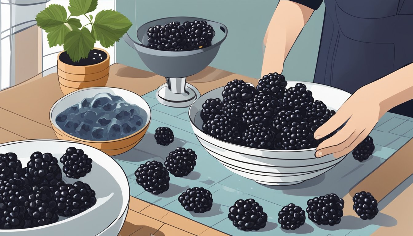 Fresh blackberries scattered on a clean kitchen counter, surrounded by a bowl of ice water and a colander. A person uses a spoon to gently place the berries into the water