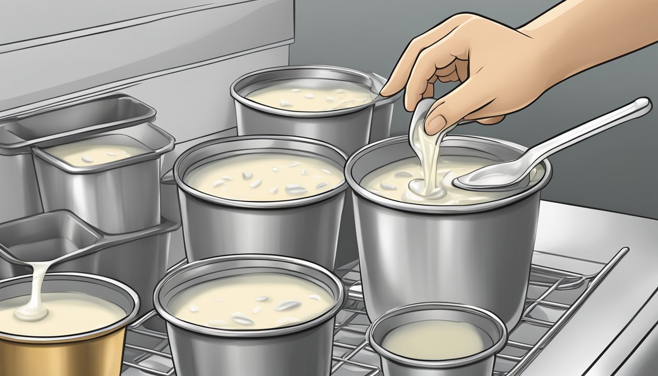 A pot of creamy clam chowder being poured into airtight containers and placed in the freezer