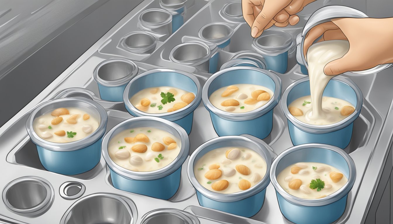 A pot of freshly cooked clam chowder being carefully poured into individual airtight containers before being placed in the freezer