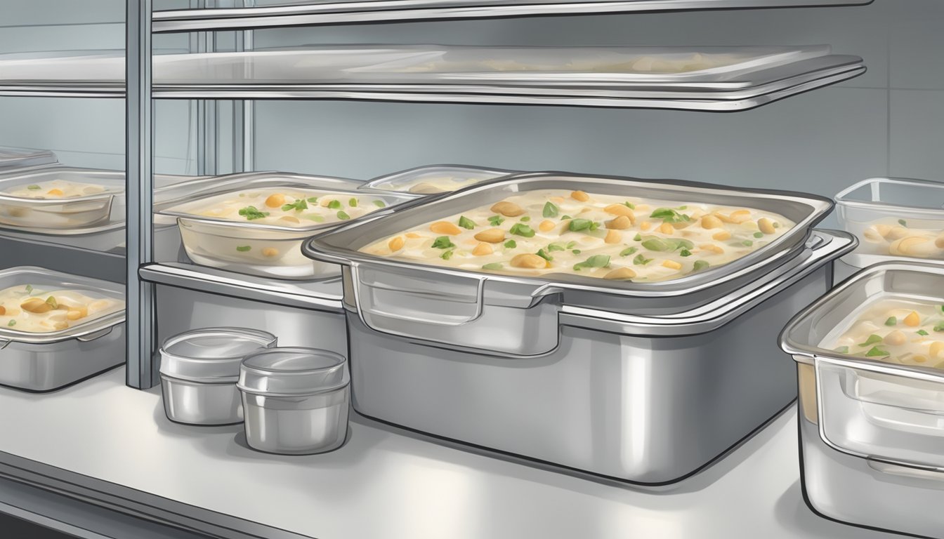 A pot of freshly cooked clam chowder being portioned into airtight containers and placed in the freezer