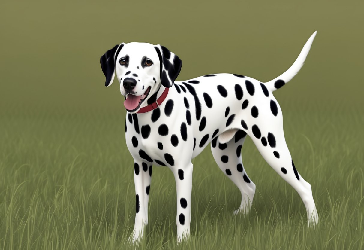 A Dalmatian dog standing in a grassy field, with spots of black on a white coat, looking alert and playful