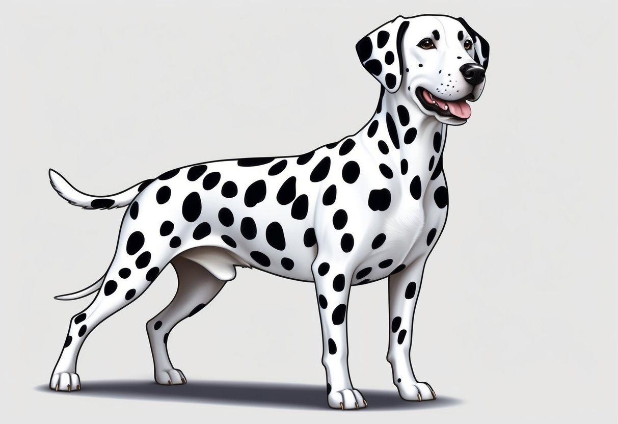 A Dalmatian dog standing proudly with its distinct black spots against a white coat, alert and poised with a friendly expression