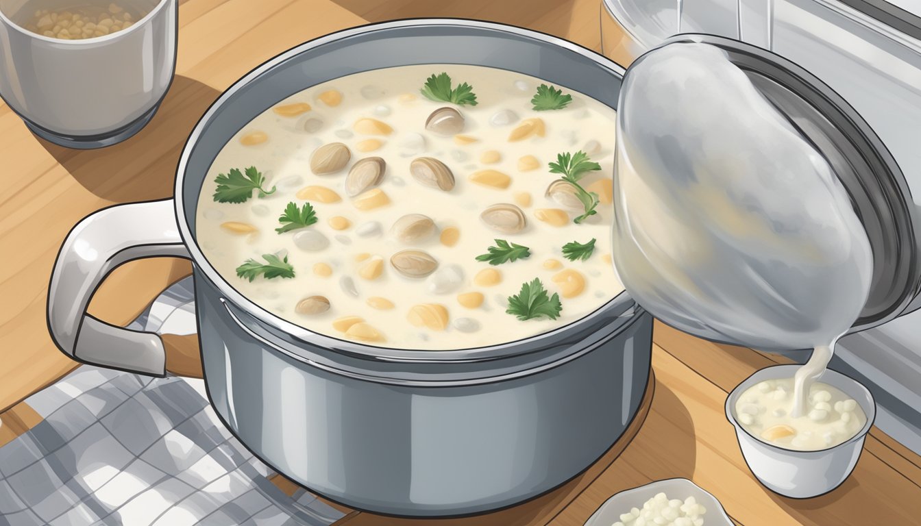 A pot of clam chowder being poured into a freezer-safe container, then placed in the freezer. Later, the chowder being reheated in a saucepan on the stove