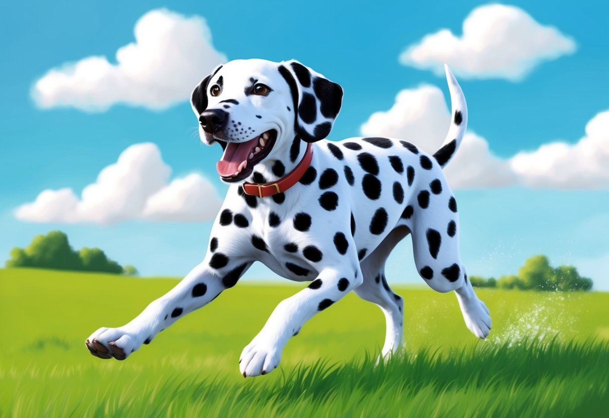 A happy Dalmatian dog running through a green meadow, with a bright blue sky and fluffy white clouds in the background