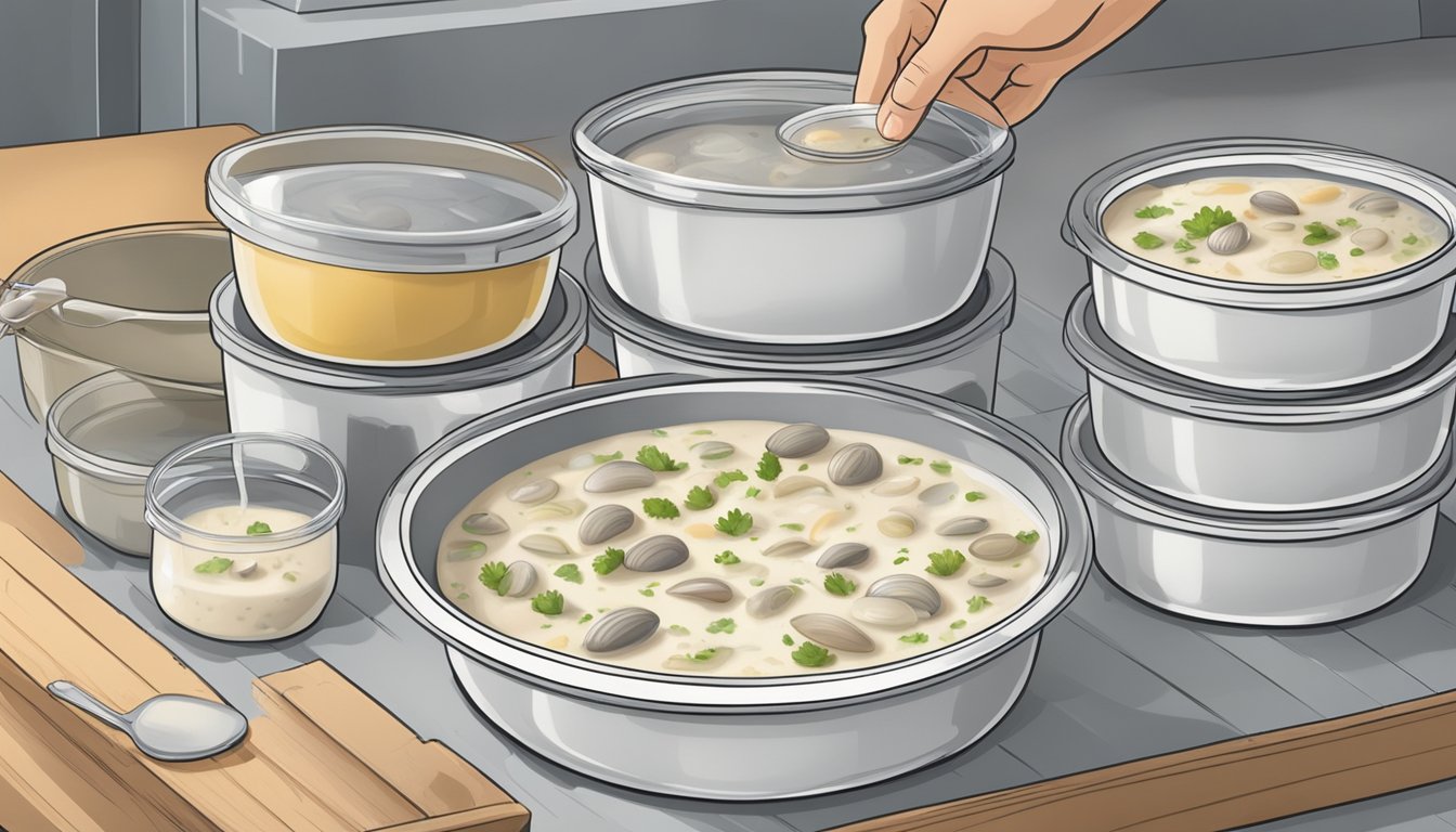 A pot of freshly cooked clam chowder is being carefully ladled into individual airtight containers. The containers are then sealed and labeled before being placed in the freezer