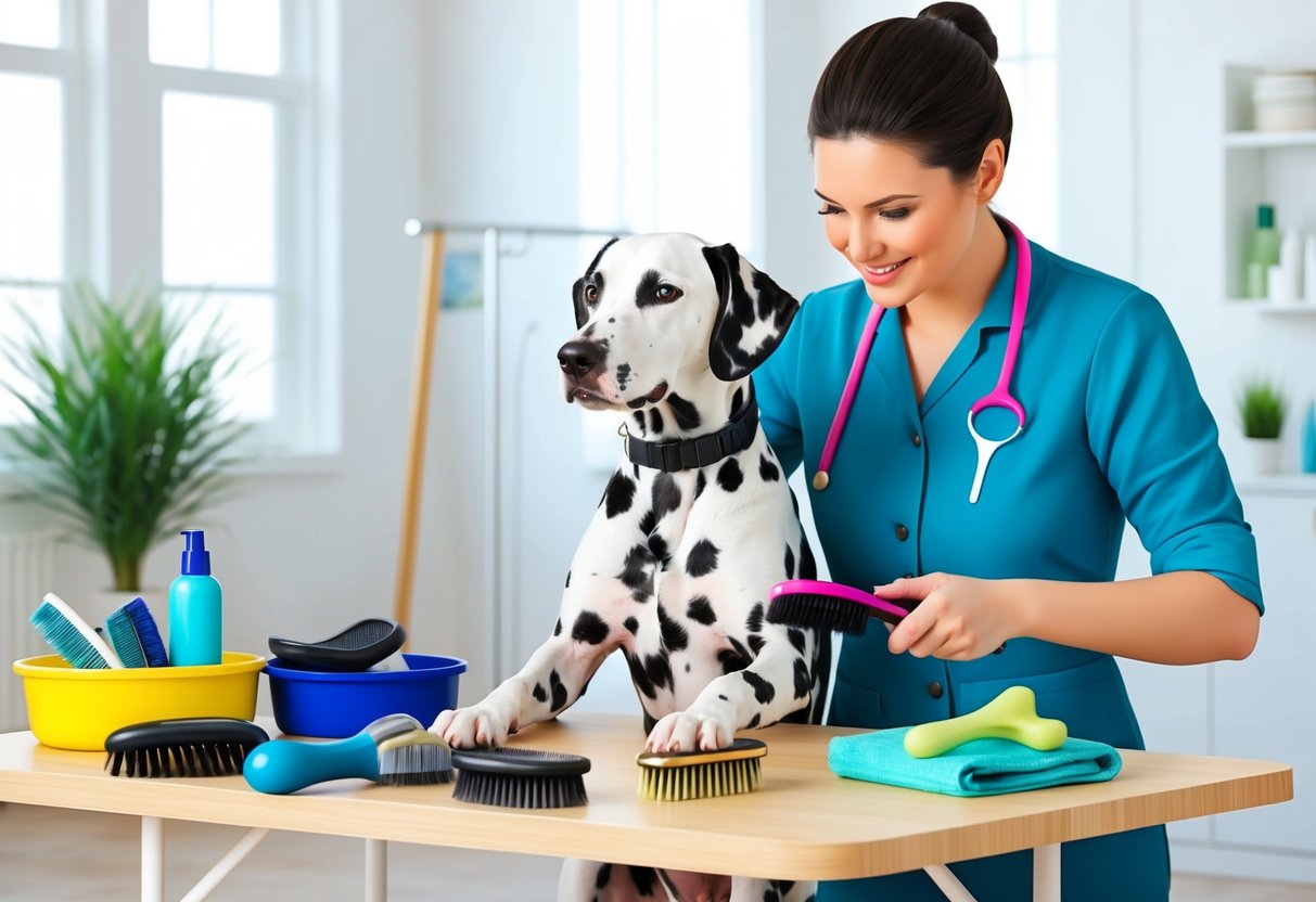 A Dalmatian dog being brushed and groomed by a person in a well-lit, clean and spacious room with a table full of grooming supplies