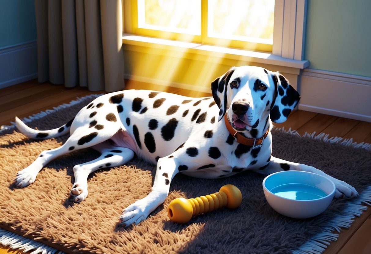 A Dalmatian dog lounges on a cozy rug, sunlight streaming through a window onto its spotted coat. A bowl of water and a chew toy sit nearby